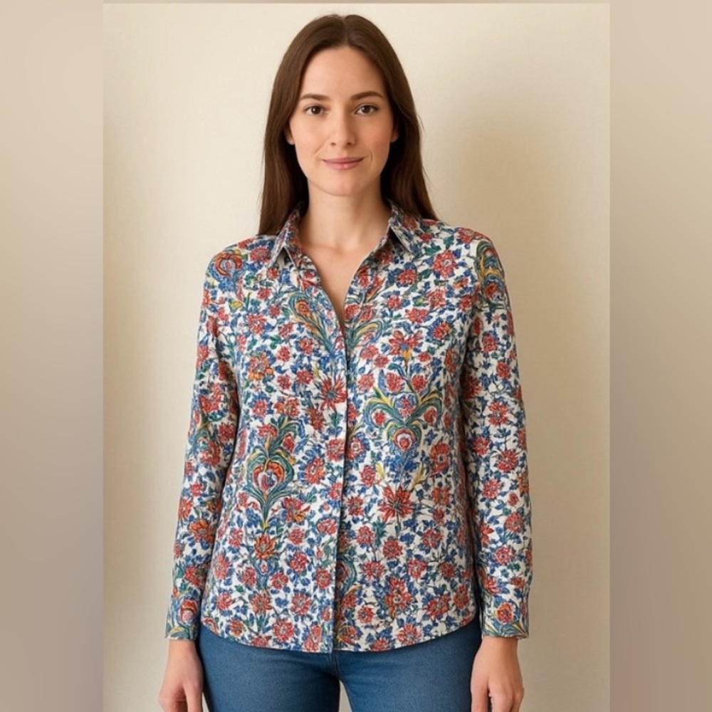Zara Floral Button Down Long Sleeves Top Size Large Multicolor